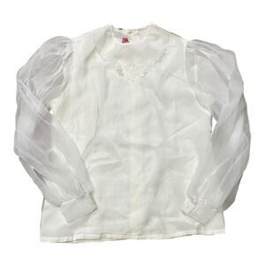 VTG Coquette Cottagecore Womens Blouse Size 12 White Lace Collar Sheer Sleeve